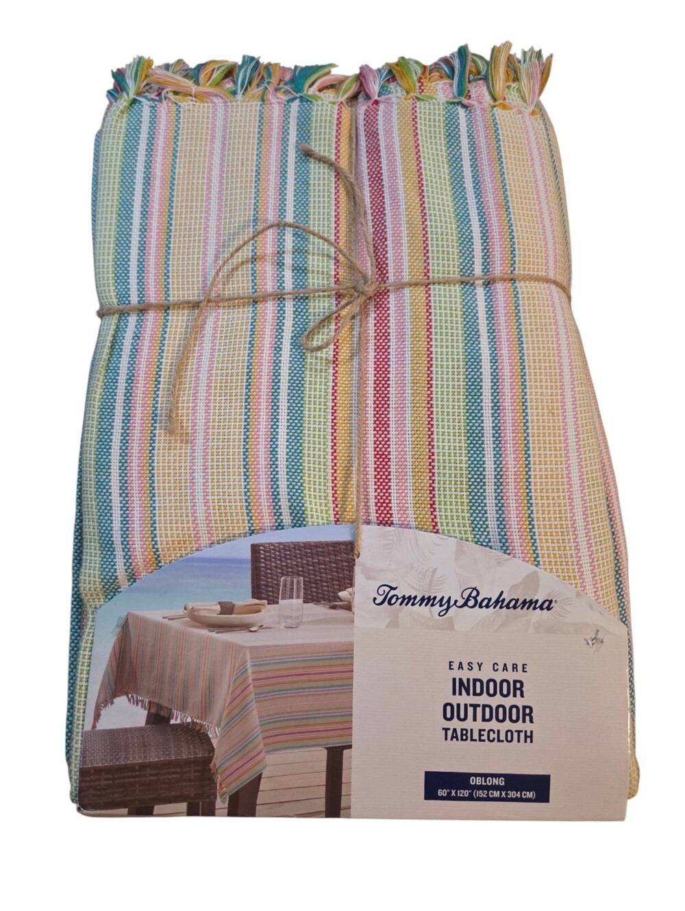 Tommy Bahama NEW 60x120 Striped Indoor/Outdoor Woven Tablecloth With Fringe